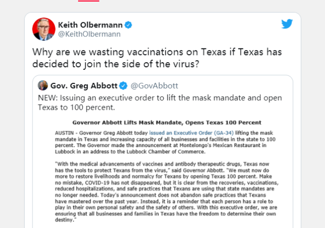 得州解除口罩令惹爭議，自由派直言：不值得在該州浪費疫苗