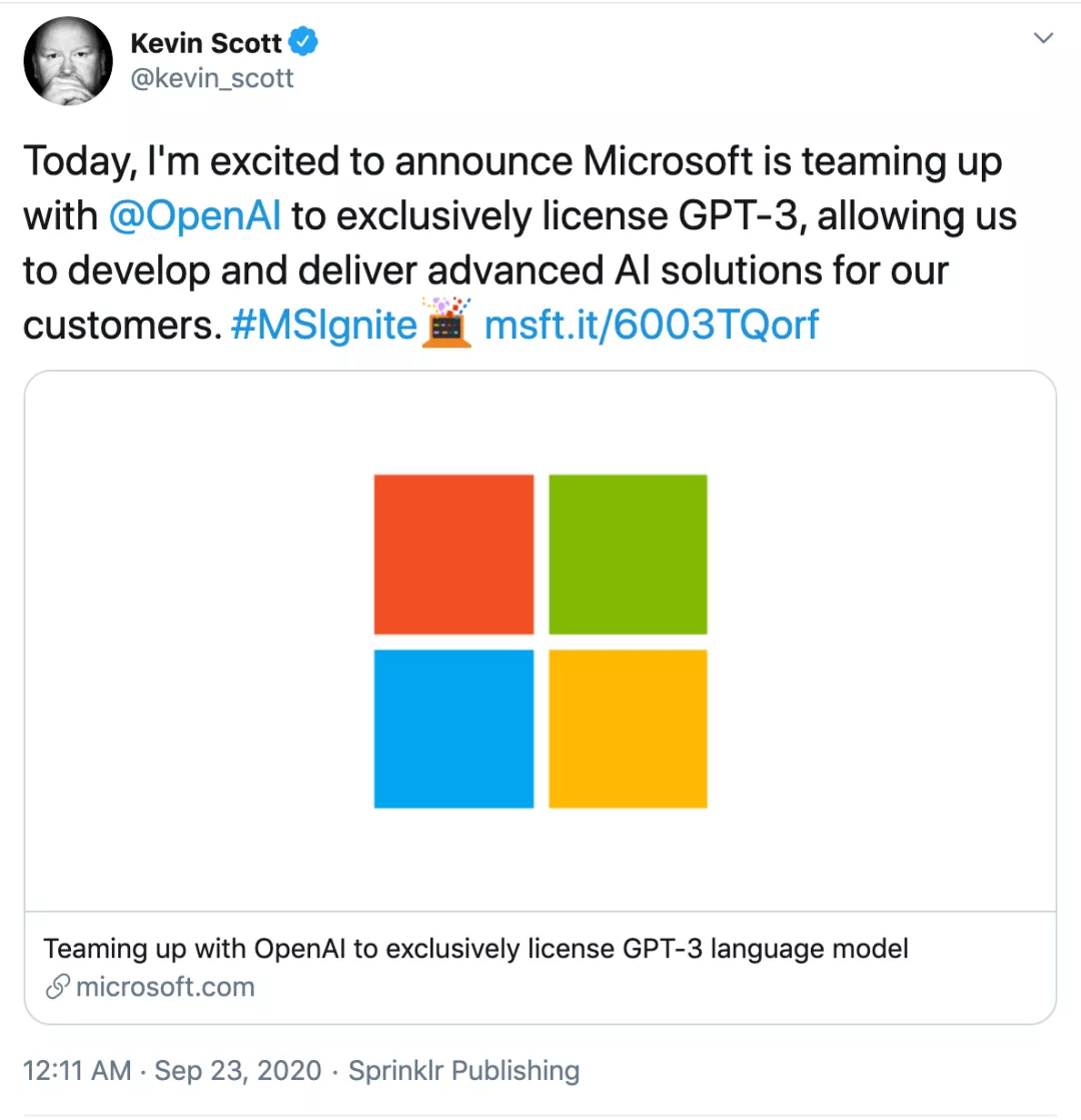 微软获GPT-3独家授权，可访问底层代码，API用户继续使用