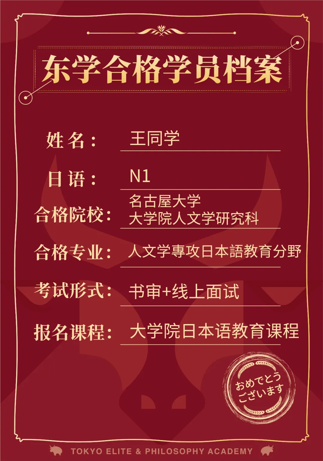 恭喜五位同学合格名古屋大学人文学研究科日本语教育专业