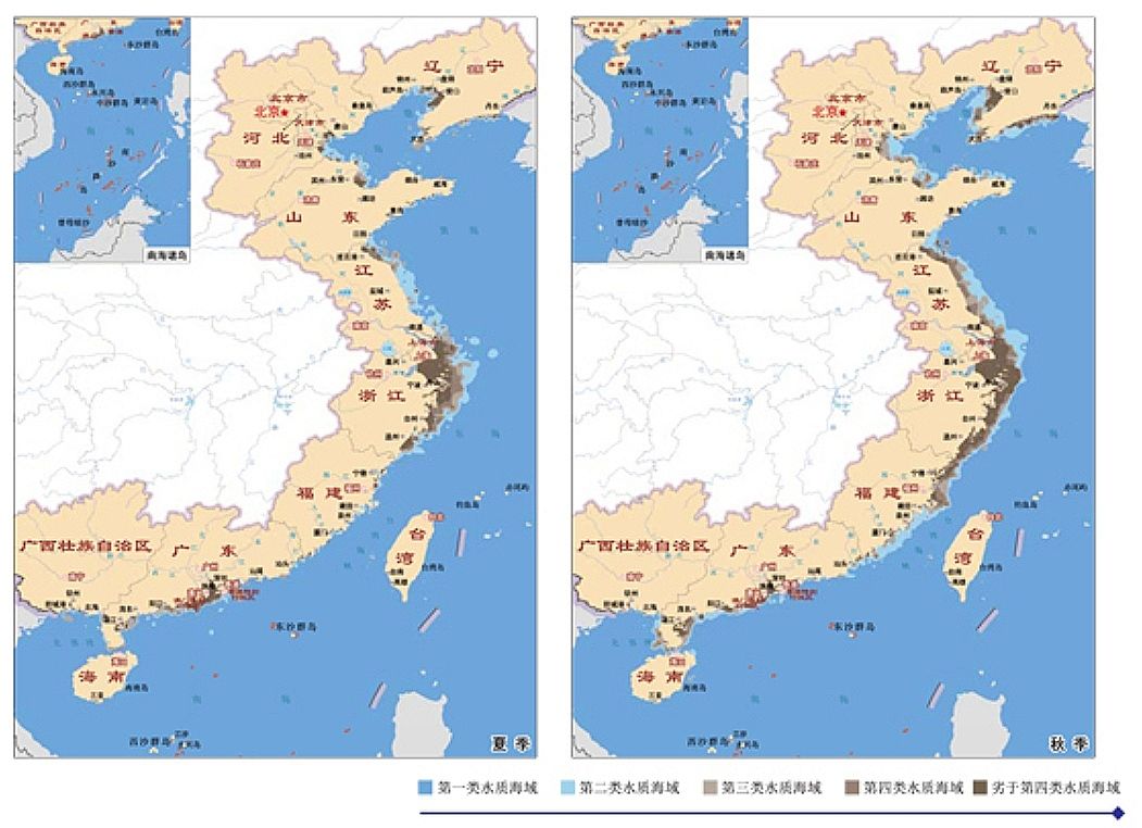 以上海,浙江为代表的东海海域污染最为严重,污染区域以杭州湾为中心向