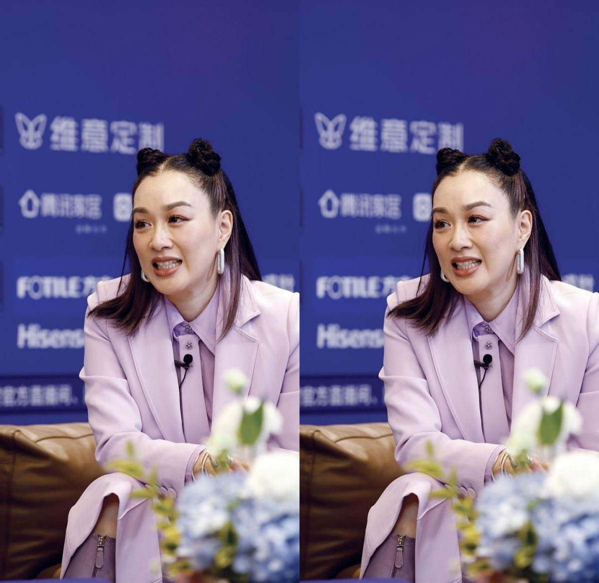 钟丽缇为了扮嫩挺拼的，扎了个“便便头”，但脸上皱纹出卖了年纪