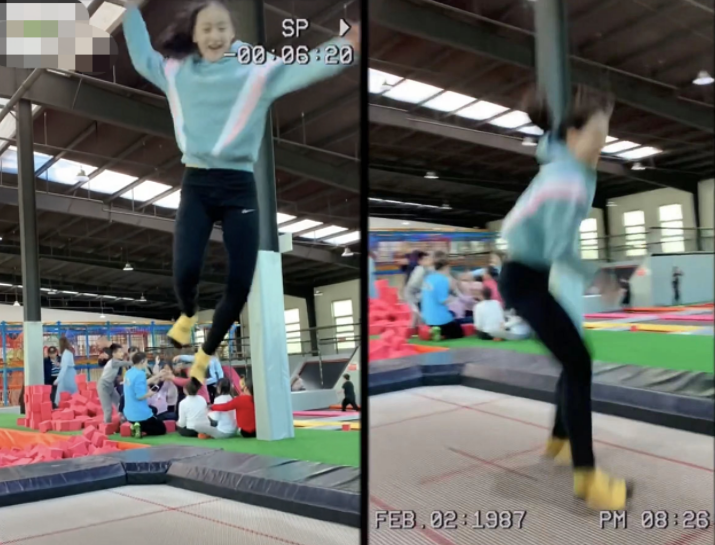 13岁森碟和弟弟玩蹦床！穿紧身裤长腿傲人，因太兴奋表情失控