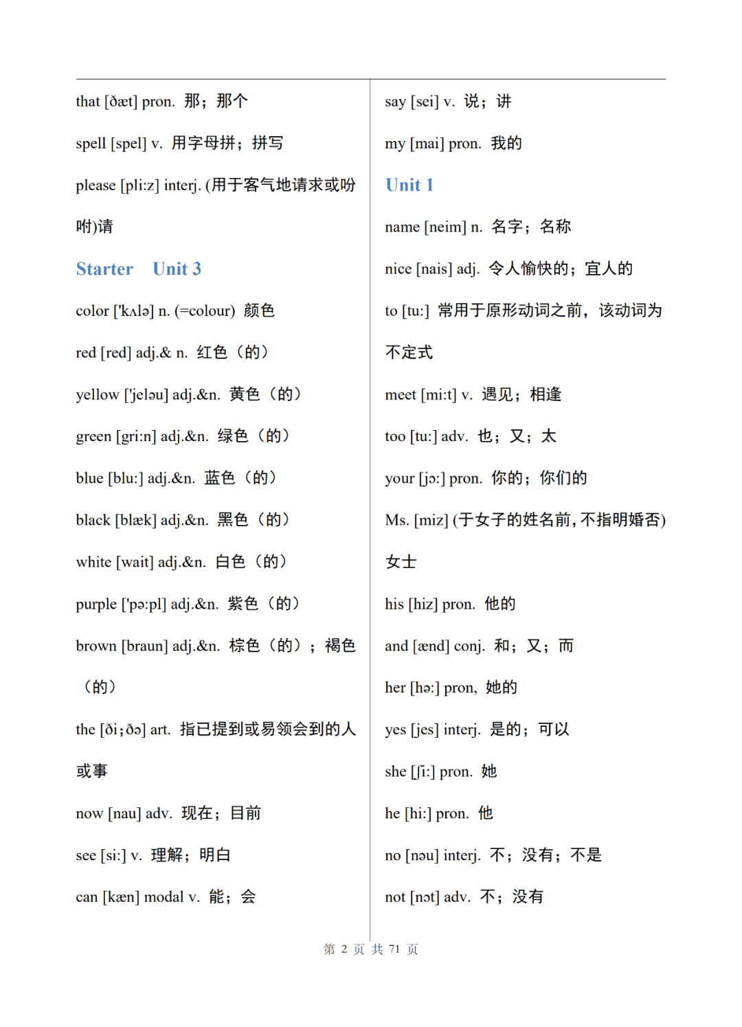 初中英语七年级上册电子单词表整理，可打印下载