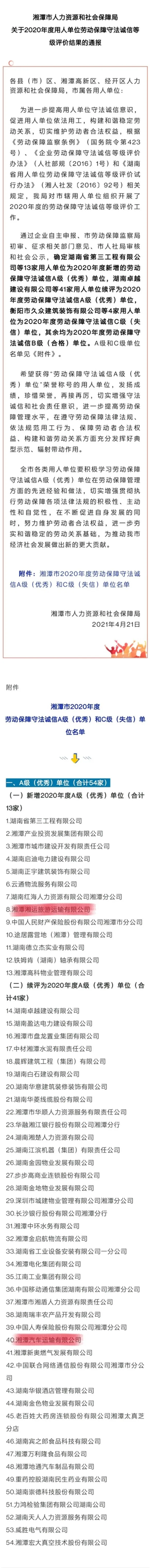湘运公司连续四年被评为湘潭市劳动保障守法诚信A级(优秀)单位