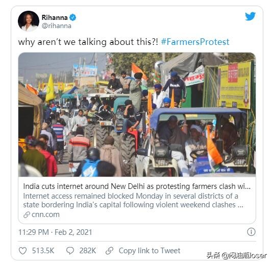 美国流行歌星蕾哈娜在推特上声援印度抗议的农民，引起各方关注