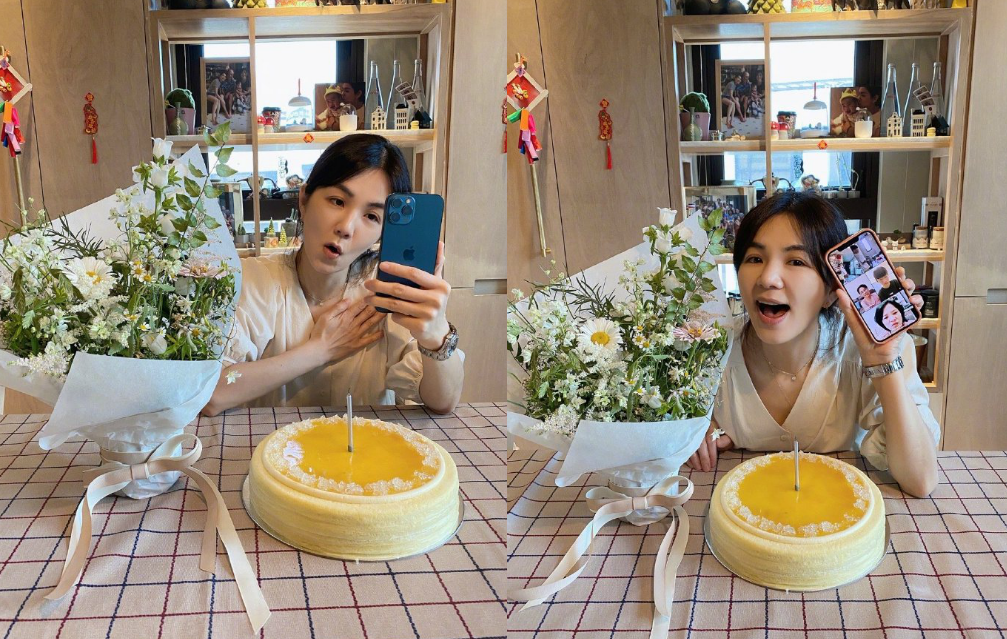 40岁Ella晒一家三口庆生合影，被老公死亡角度抓拍，女星包袱全丢