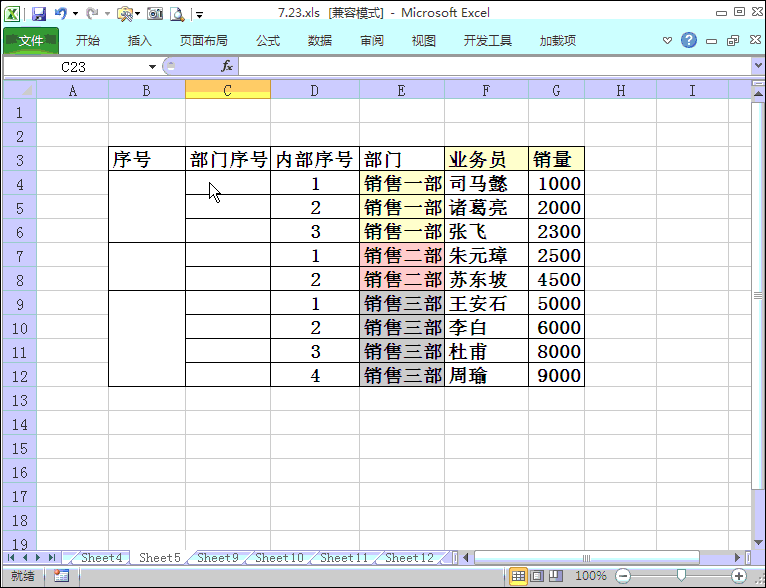 excel：相同部门，生成内部序号，统一序号，合并单元格序号