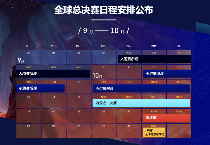 世界赛赛程公布：9月25号正式开打入围赛，决赛在10月31号