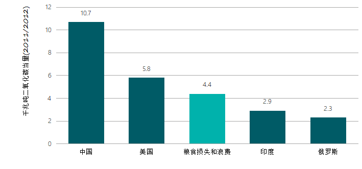 可排在全球第三位粮食损失和浪费与各主要排放国的排放量对比资料来源