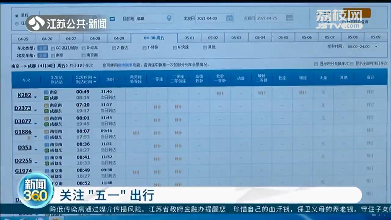 距离五一不到一周，南京发往外省热门地的火车票大都卖完