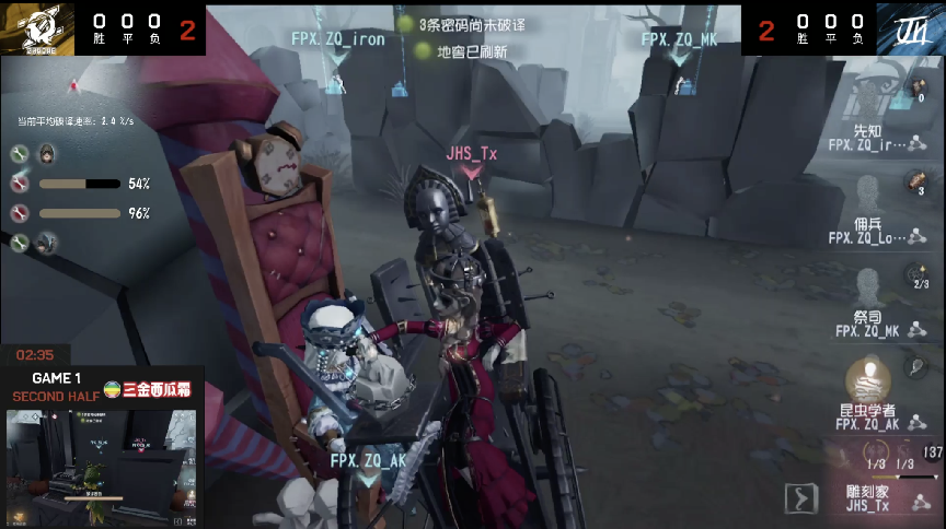 第五人格2021IVL夏季赛常规赛 JHS vs FPX.ZQ 第一局  FPX.ZQ求生者三出JHS