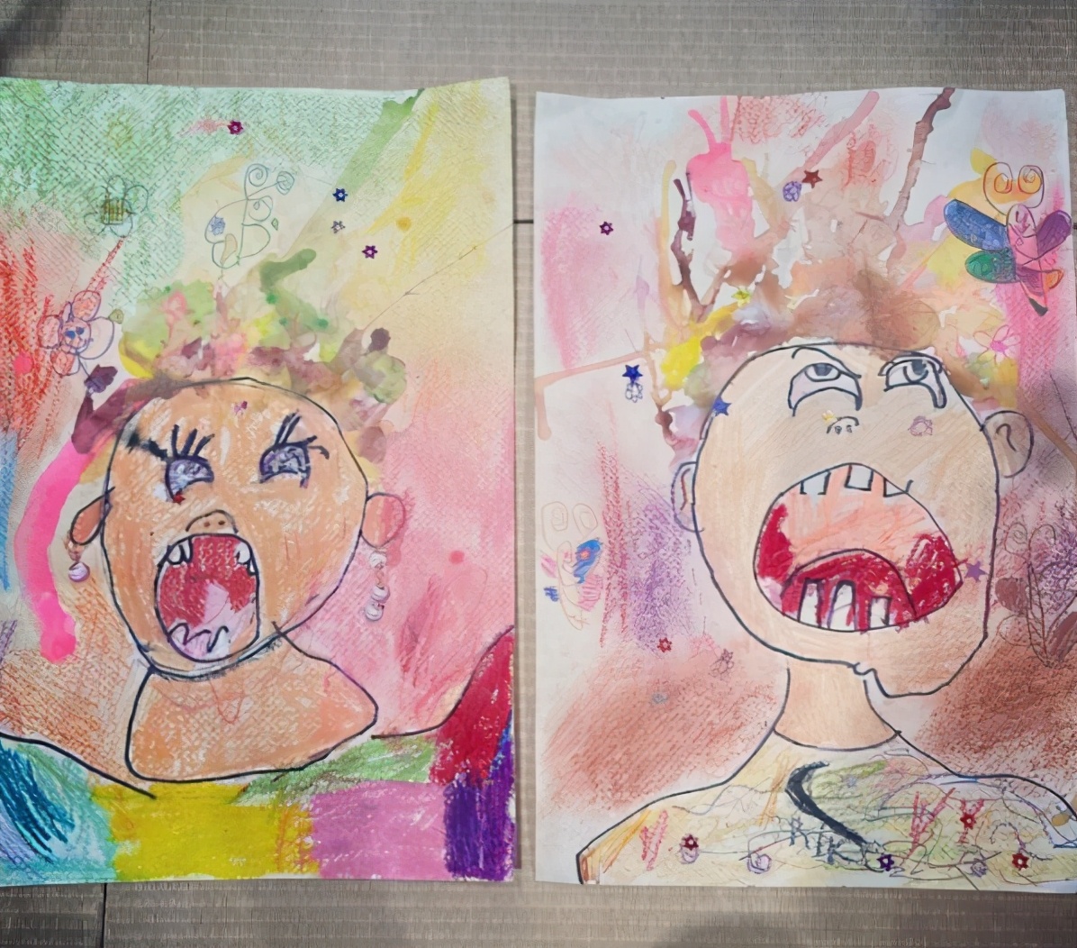 贾静雯两女儿画作太“恐怖”，画风诡异人物张牙舞爪，堪比毕加索