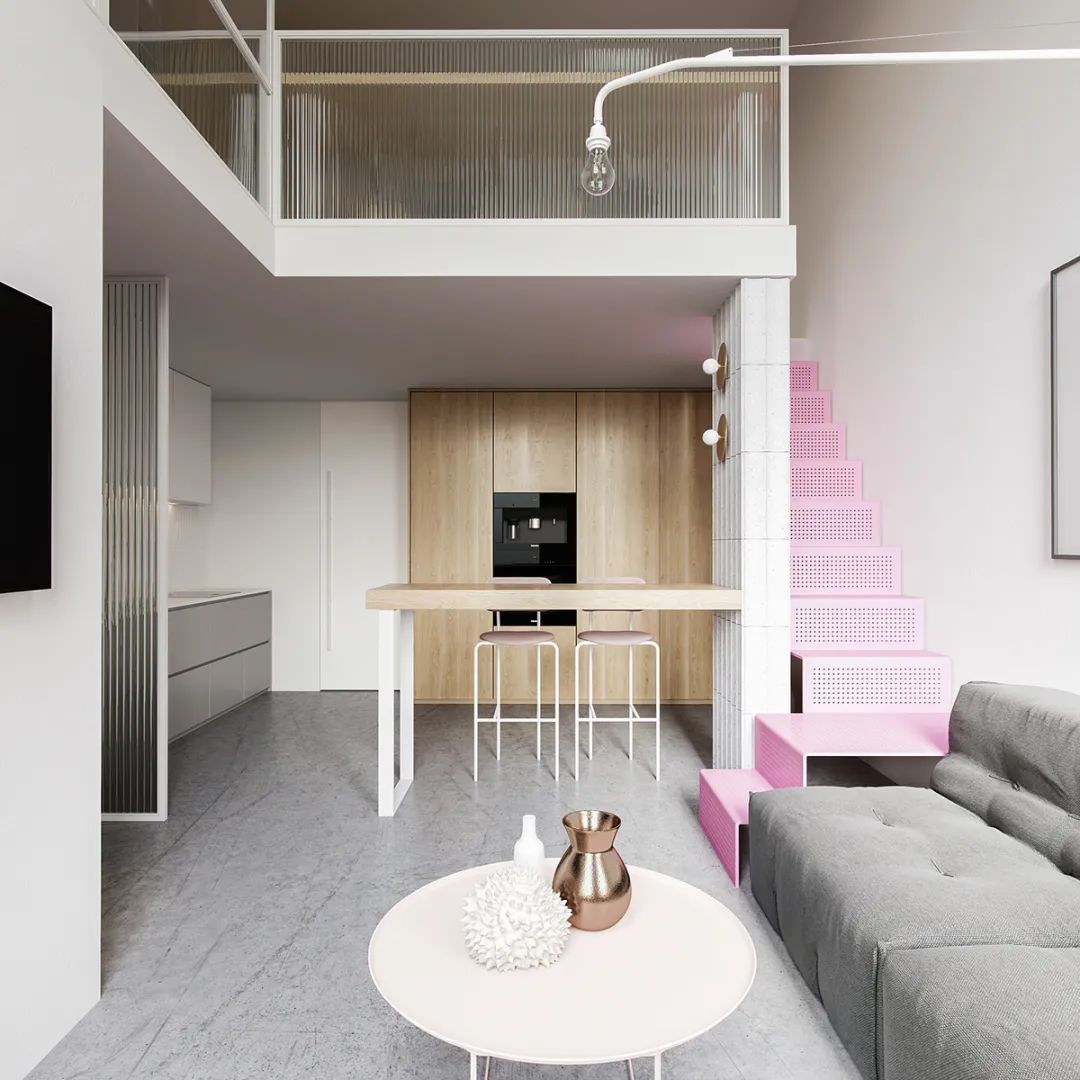 70㎡极简小公寓，简约舒适的空间，点缀粉色楼梯，很高级很美丽
