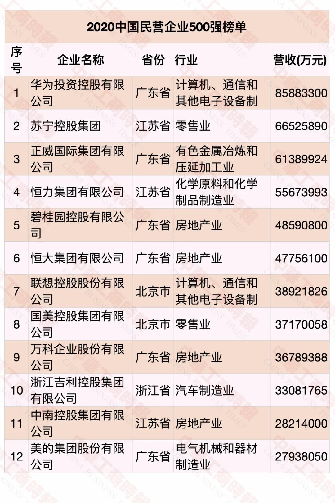 2020中國民營企業500強榜單