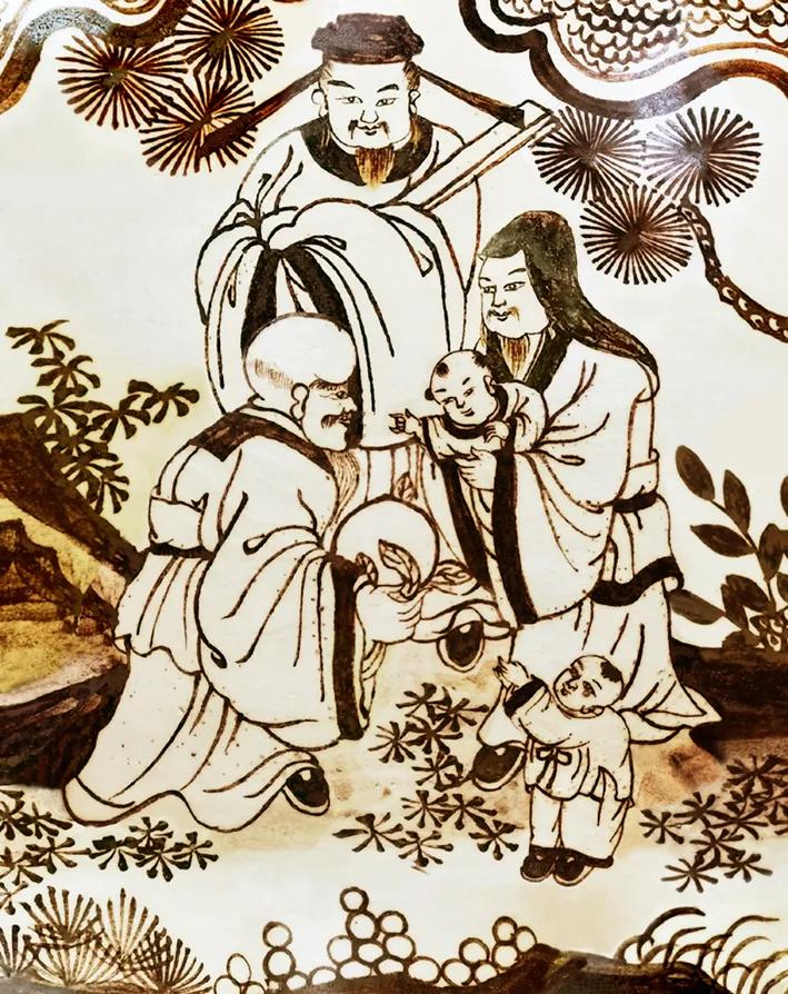 高田屋】 直入 中国人物 唐子 桃 福禄寿 絹本 掛軸