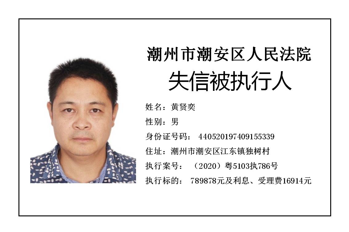 潮州市潮安区人民法院发布2020年第五批失信被执行人公告