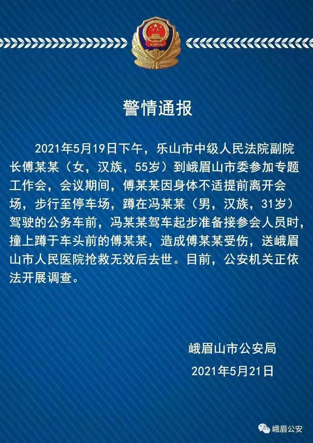 四川乐山中院一副院长身体不适蹲在公务车前 被撞伤后身亡