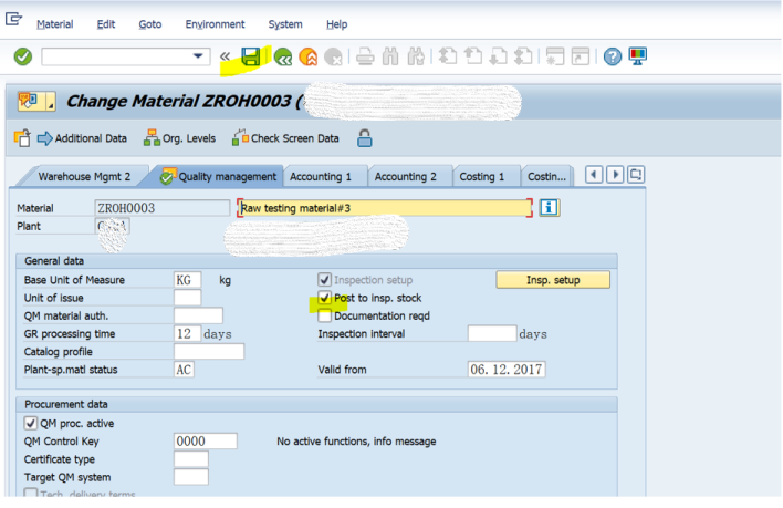 SAP QM 物料主資料QM檢視裡欄位MARC-INSMK的更新