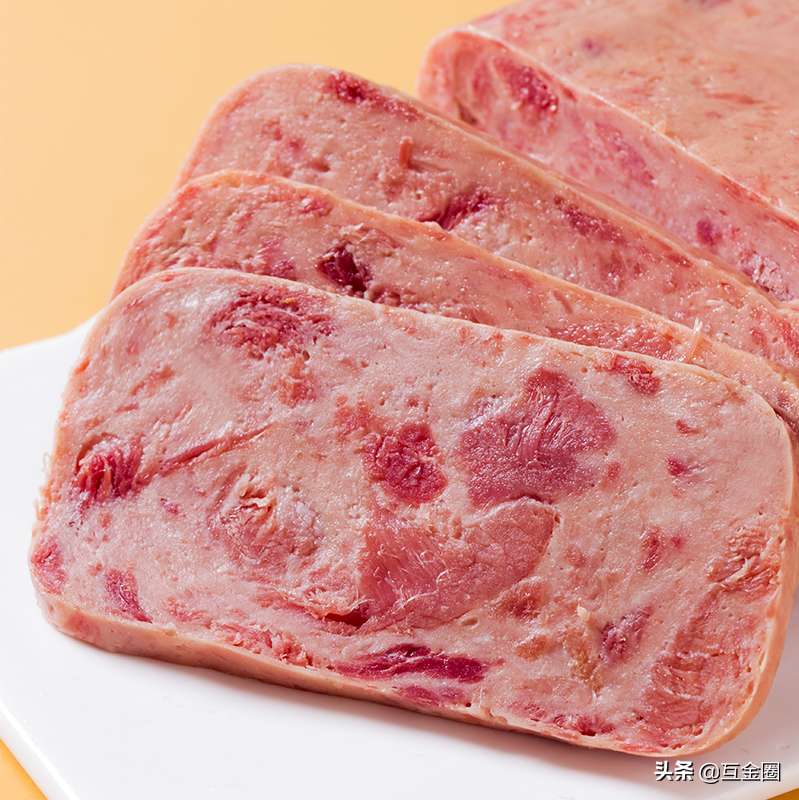这个午餐肉，100%鲜肉制作，猪肉含量≥90%，真正