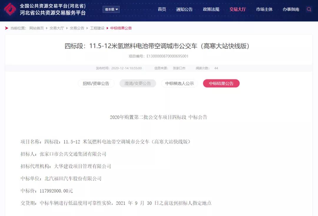 总价4.13亿元，宇通、中通、吉利和北汽中标张家口氢能公交车