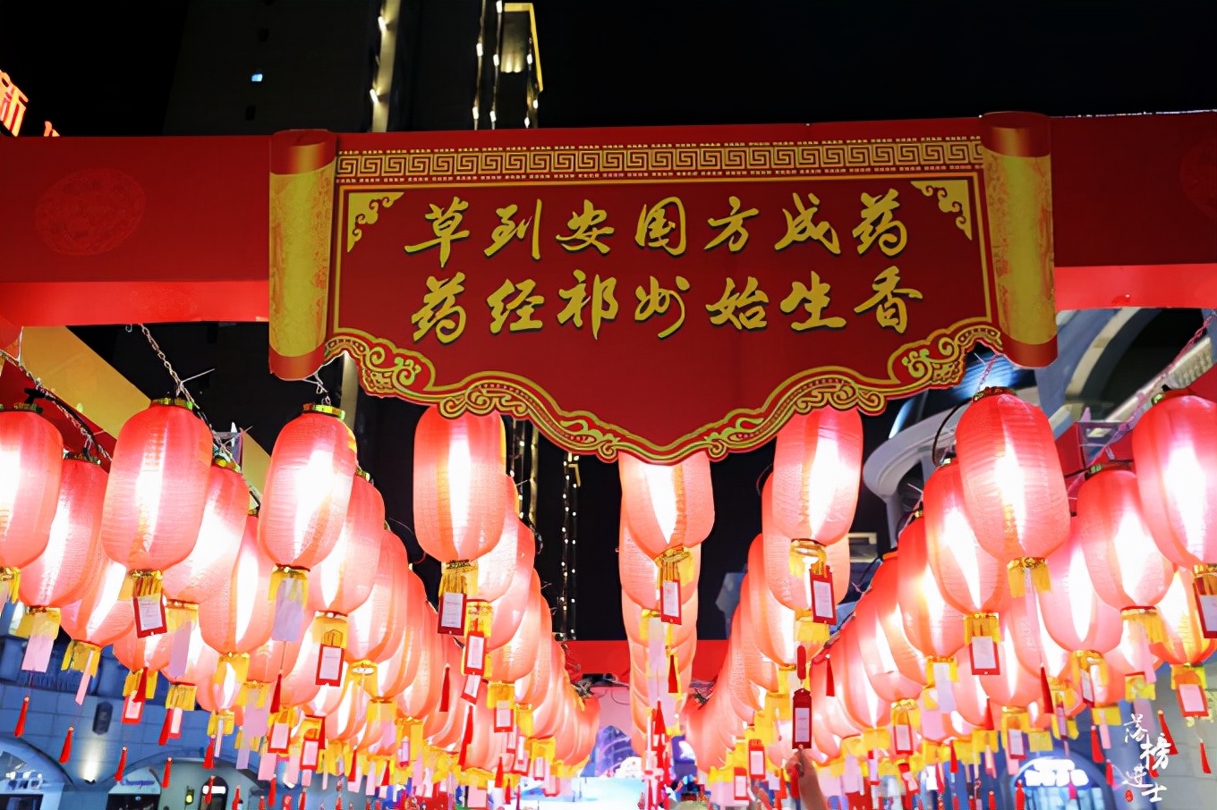 保定安国有一条中央步行街，中医药文化随处可见，夜色下充满魅力