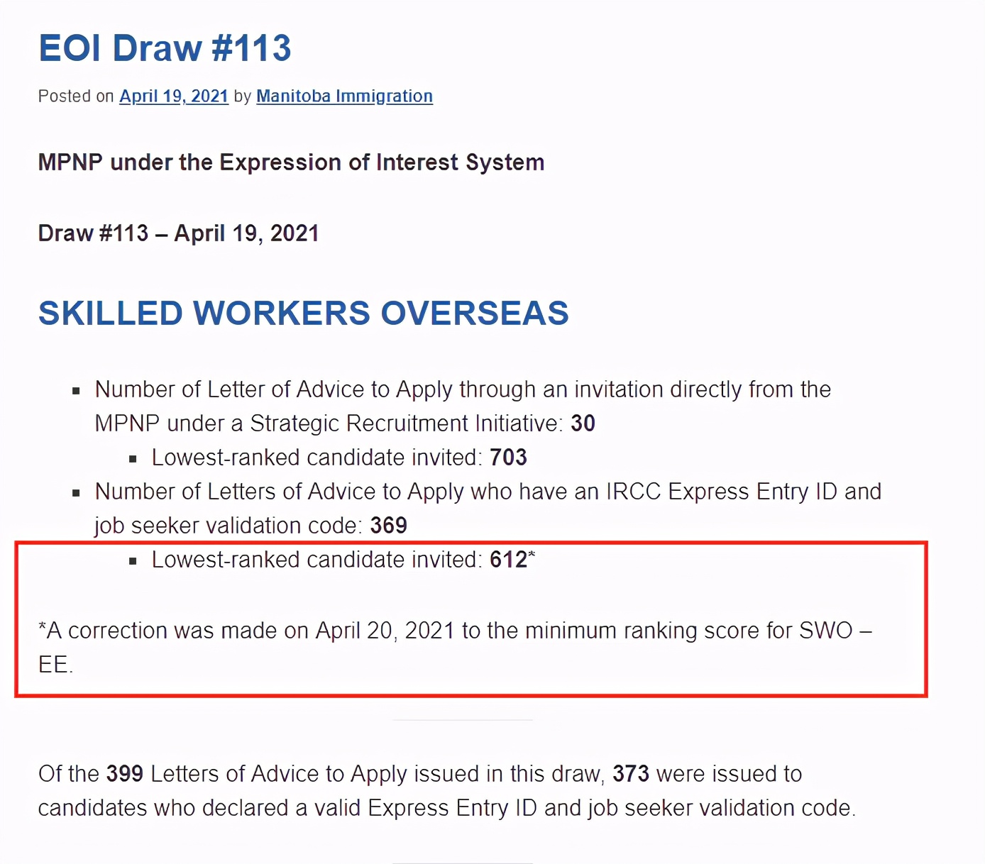 April 19th, Manitoba MPNP, the lowest score of overseas skilled worker