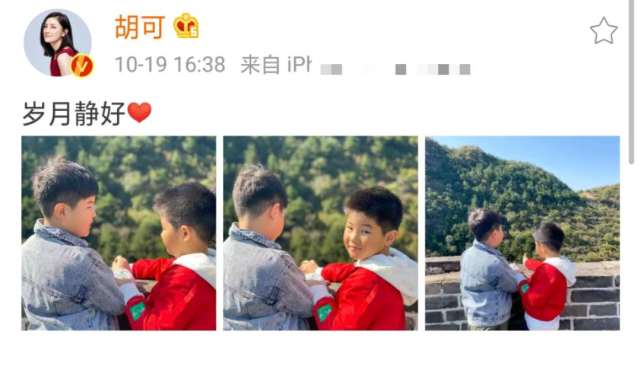 胡可曬兩兒子近照，兄弟倆皮膚對比鮮明，安吉身材向爸爸沙溢看齊