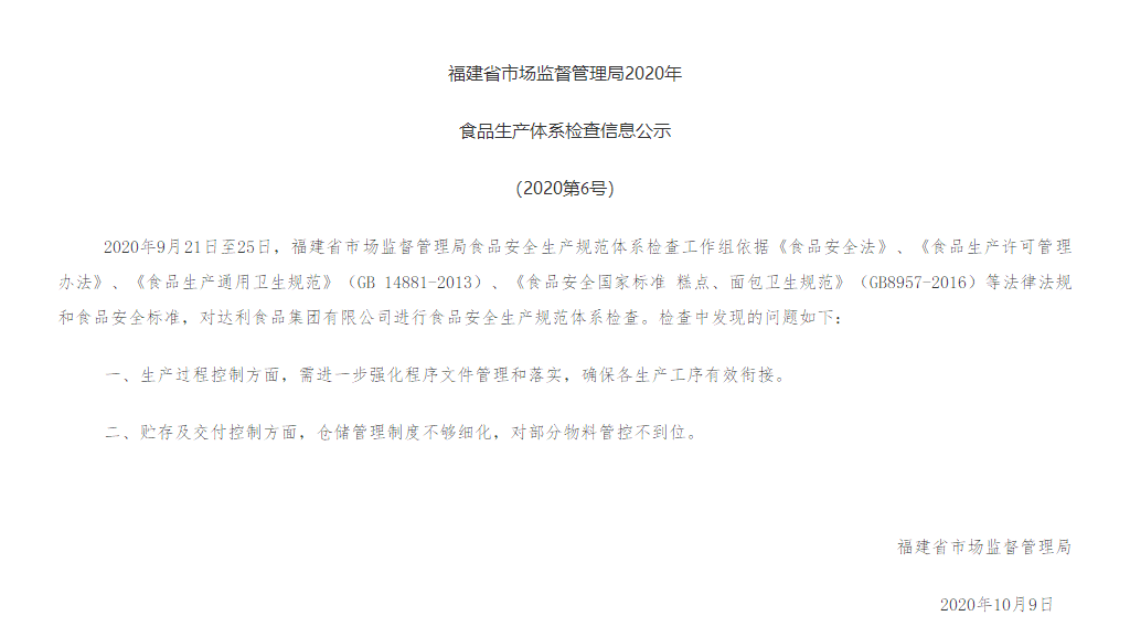 达利食品生产体系检查出2项问题