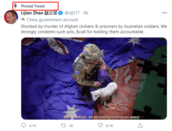 澳大利亞總理要求道歉後，趙立堅把推特帖子直接置頂了