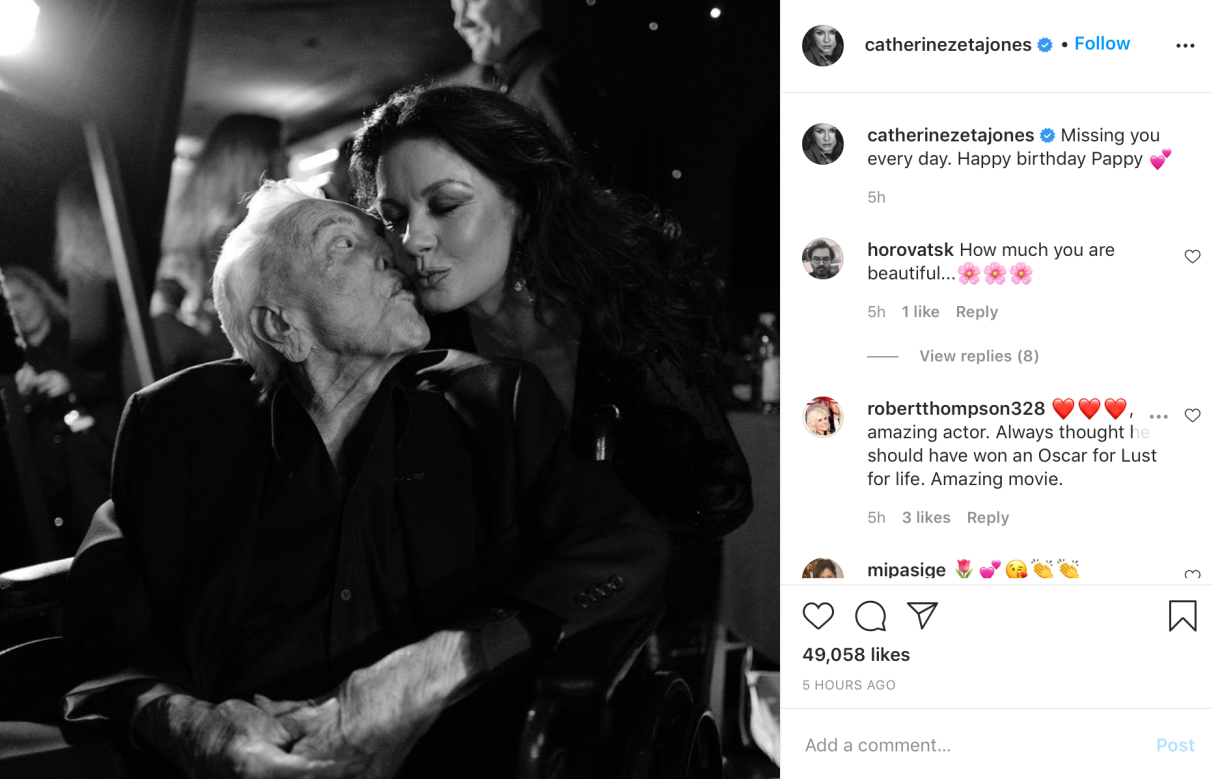 103岁道格拉斯去世10个月，儿媳泽塔琼斯再寄哀思