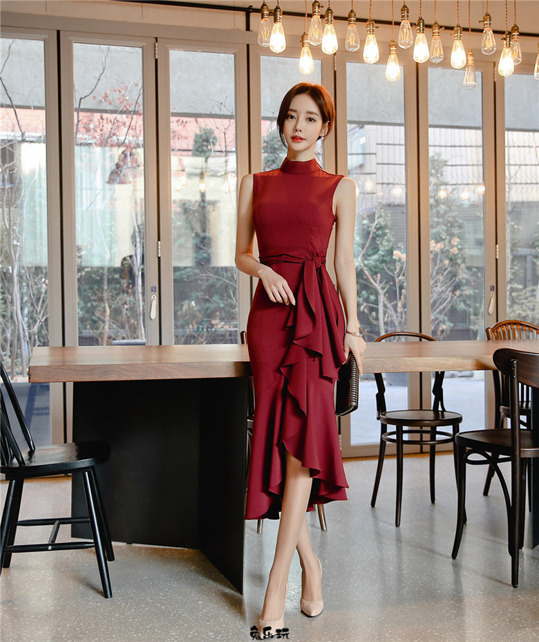 孙允珠：美酒枣红佛拉明哥曼妙无袖裙