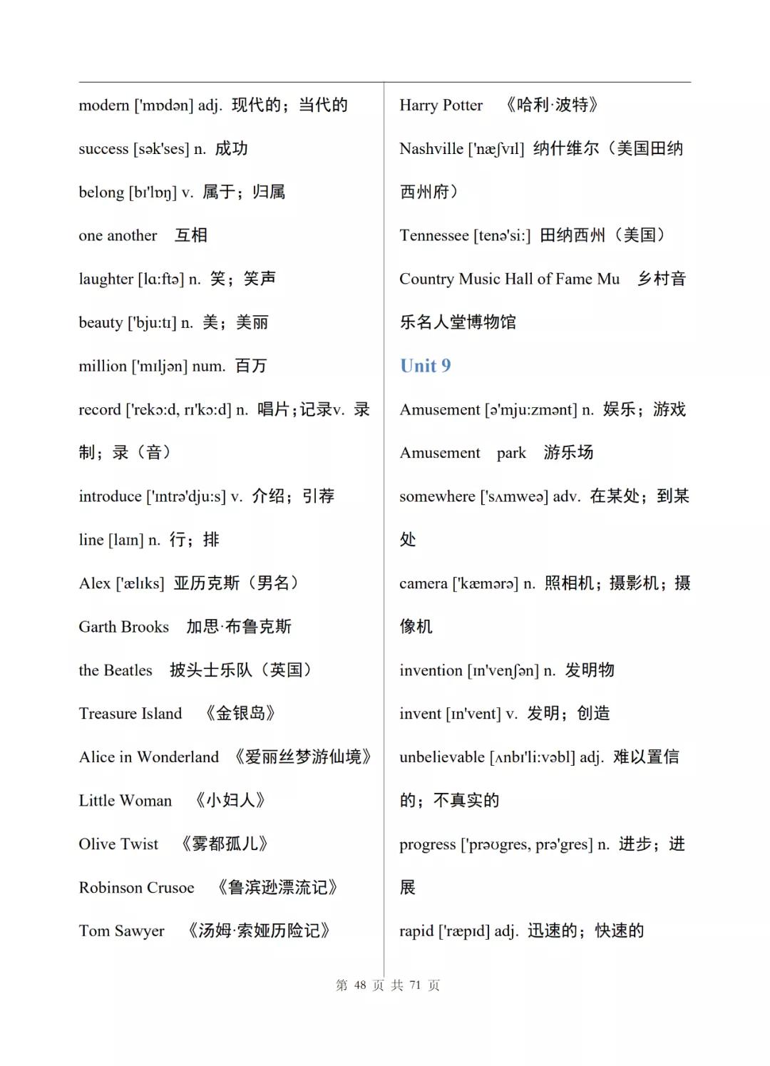 初中英语七年级上册电子单词表整理，可打印下载
