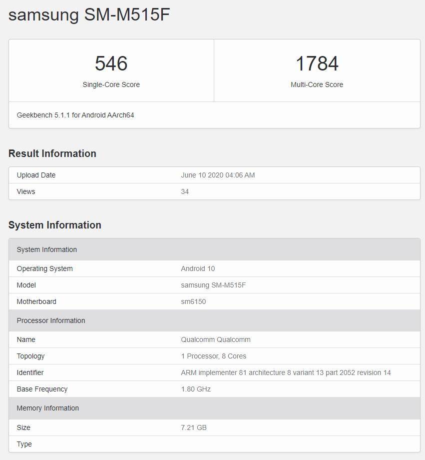 三星新机亮相Geekbench，配用骁龙处理器八核处理器，配置8GB运行内存