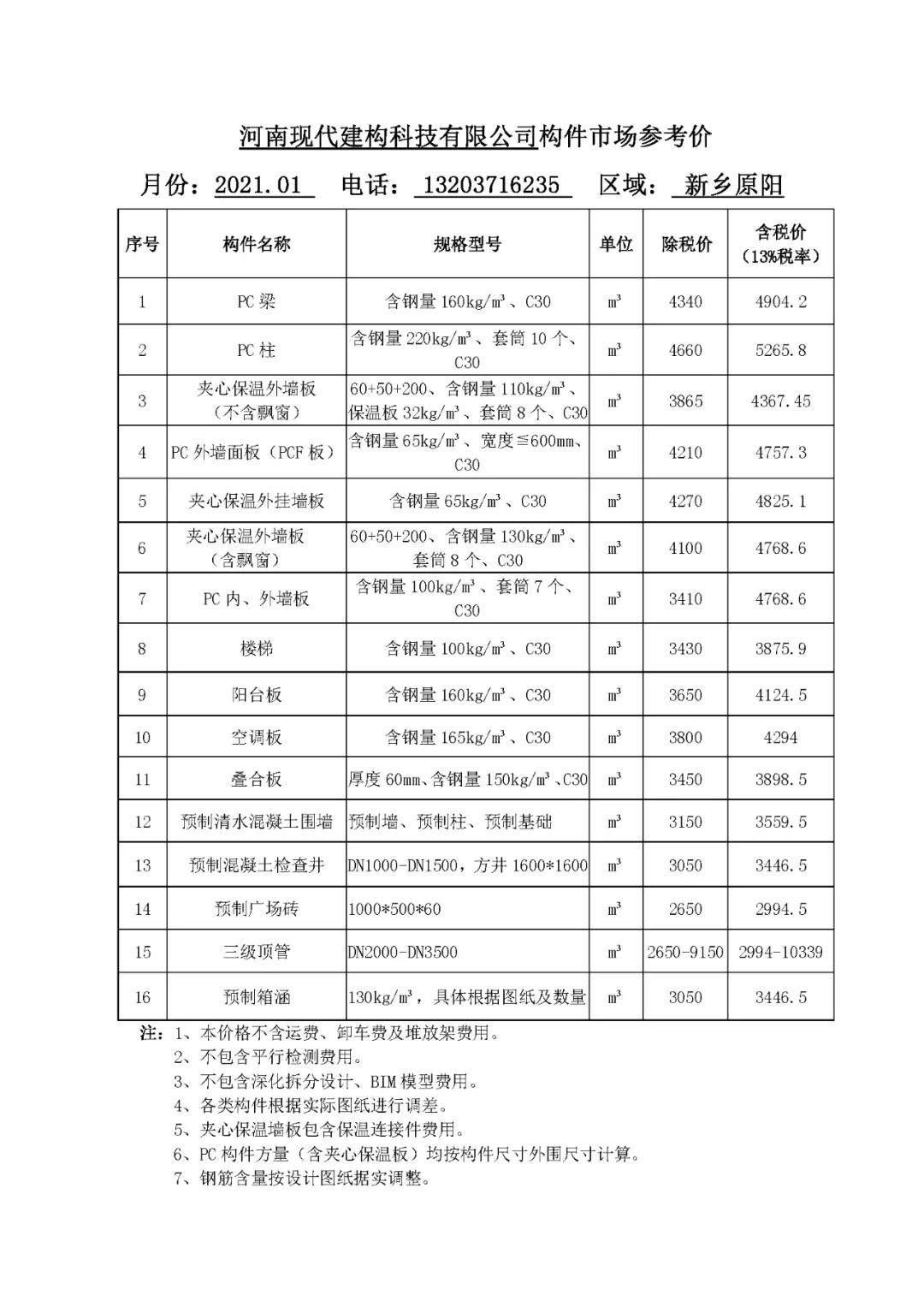 河南省裝配式建筑預制構件市場(chǎng)參考價(jià)（2021年1月）