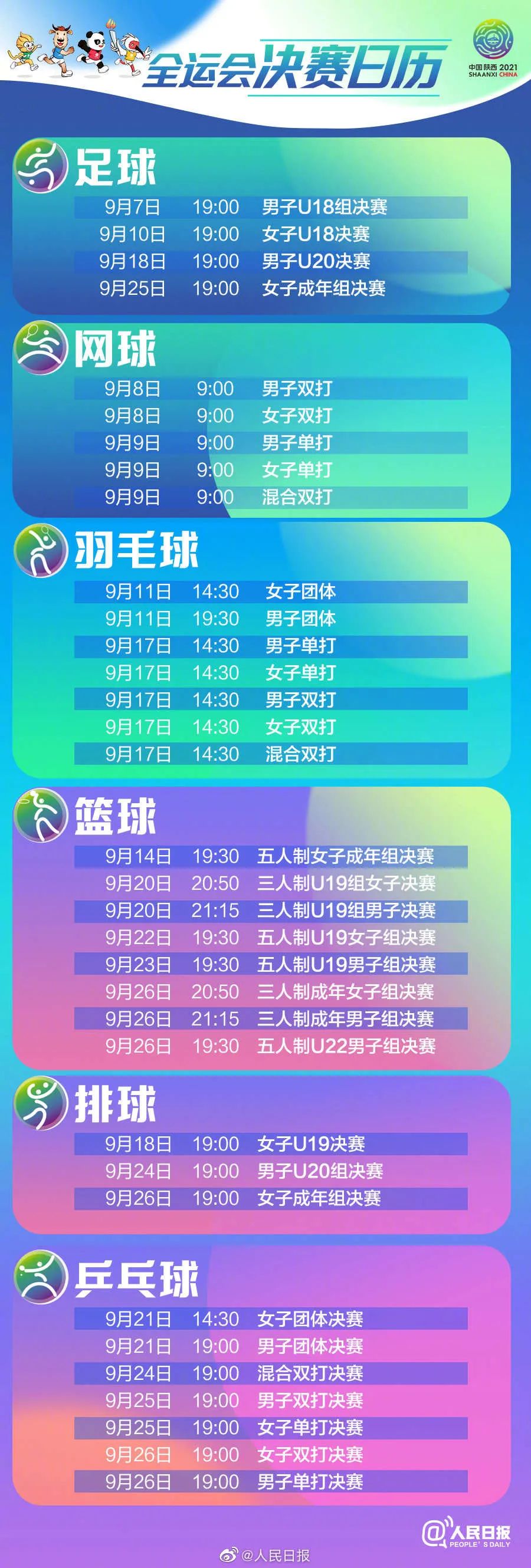 收藏！全运会决赛日历来了