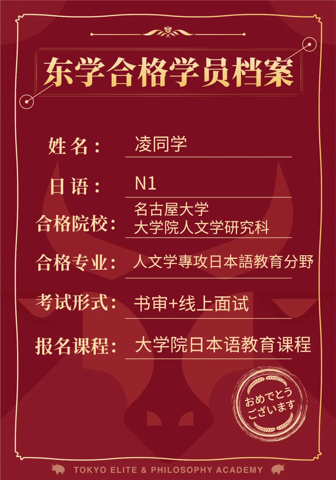 恭喜五位同学合格名古屋大学人文学研究科日本语教育专业