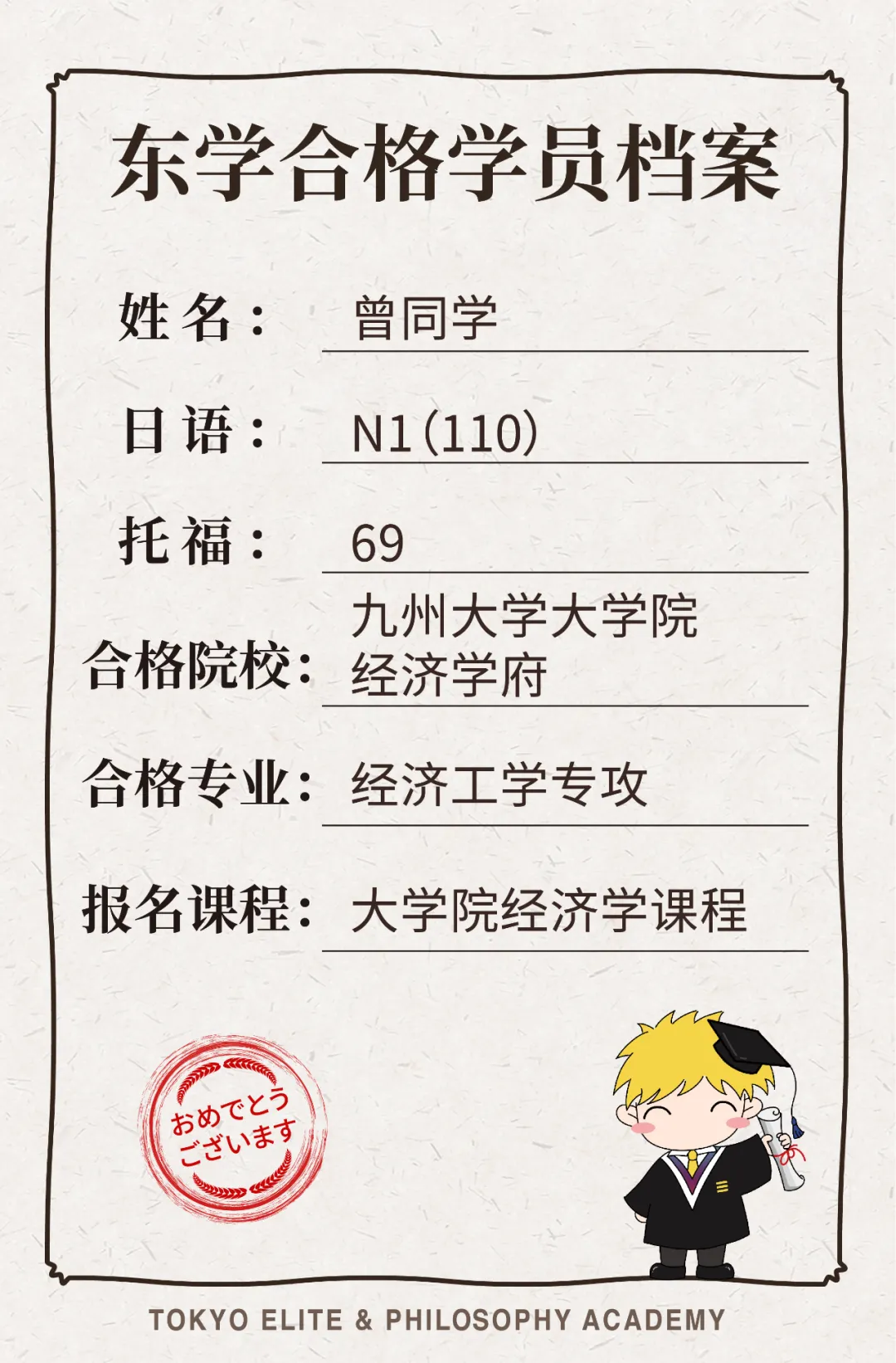 日本留学读研:再获两枚九州大学经济学合格喜报