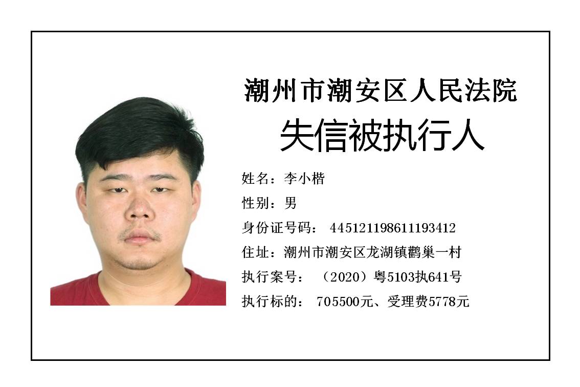 潮州市潮安区人民法院发布2020年第五批失信被执行人公告