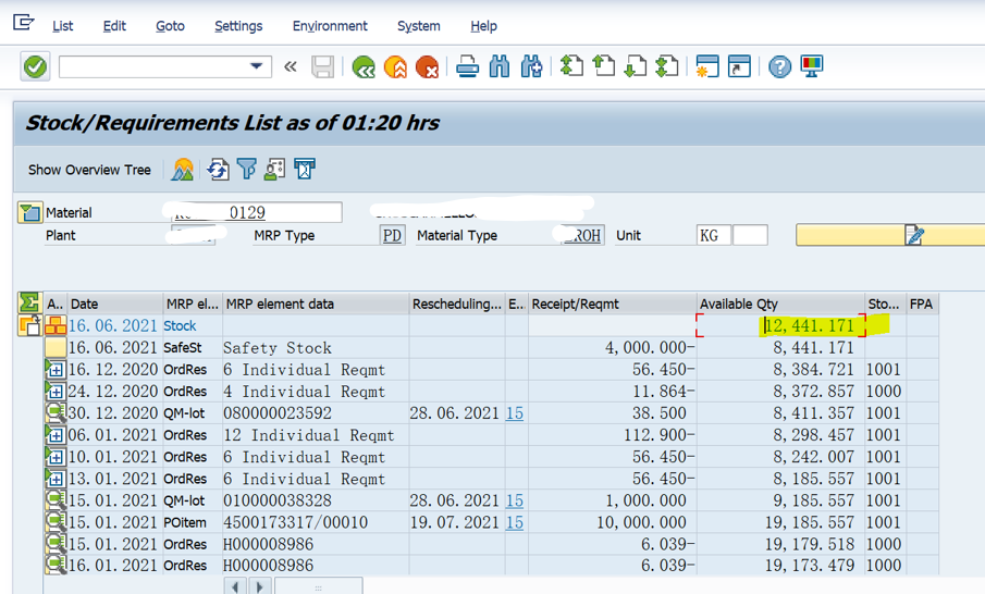 SAP PP MD04结果里没考虑受限使用库存？