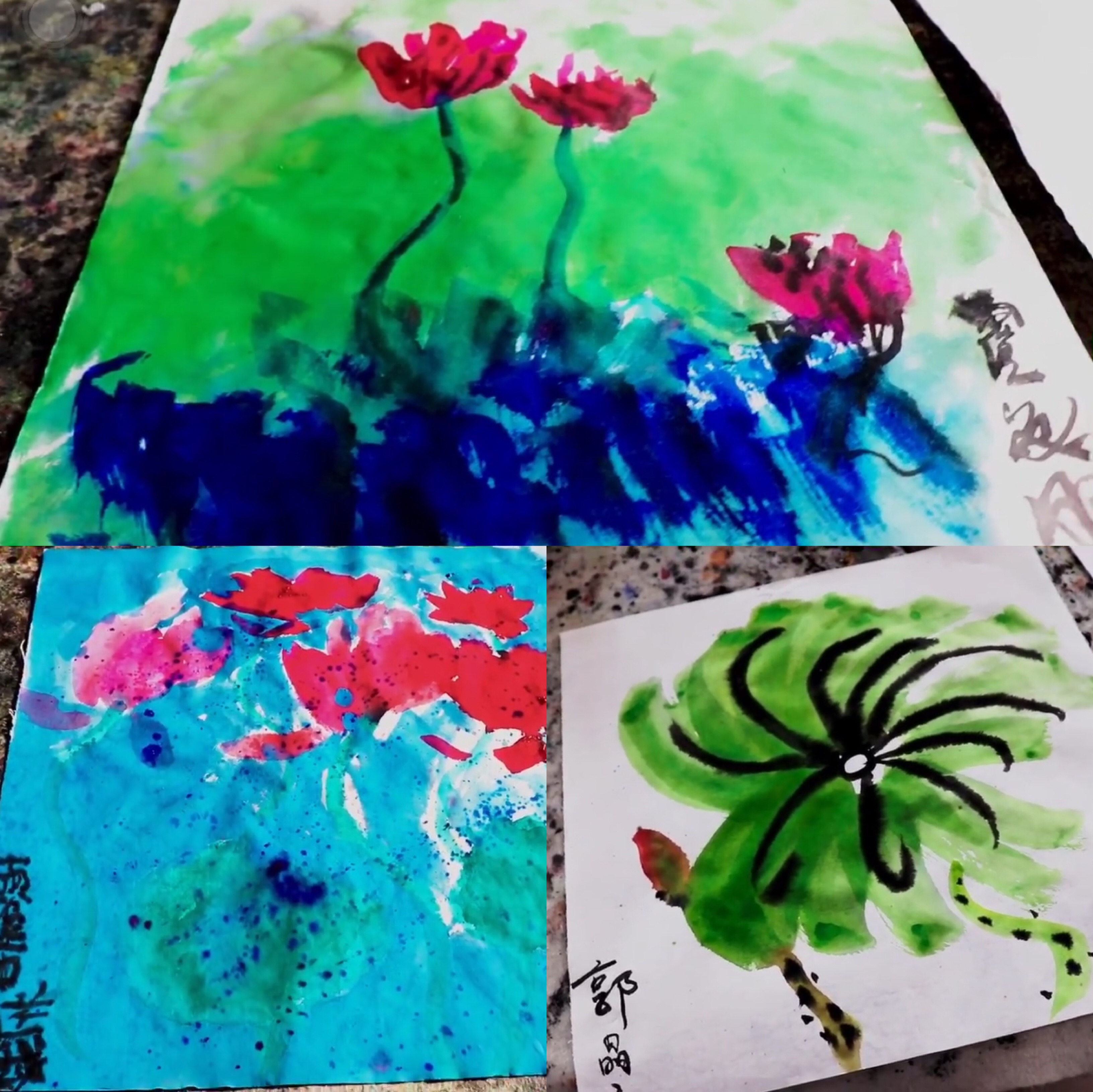 霍啟剛一家三口學畫畫，晶晶認真細緻顯氣質溫婉，霍中曦有模有樣