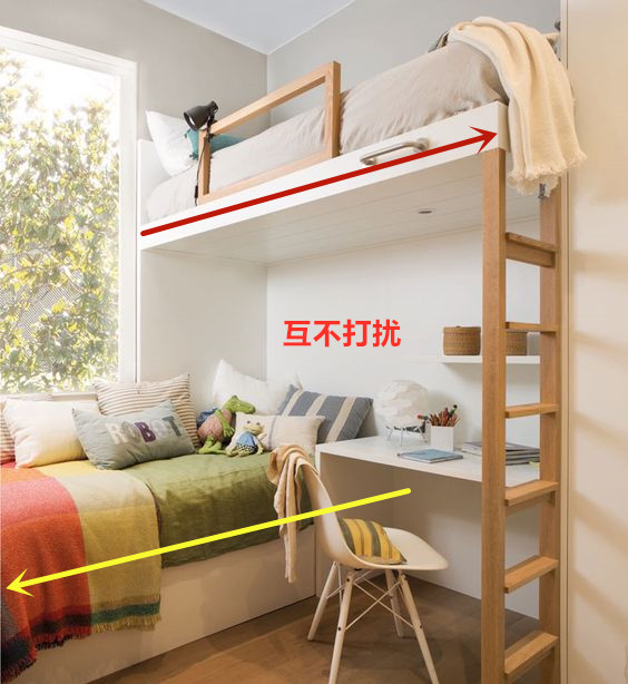 两个孩子不用两间房，上下铺错开放，还能多个学习区，一房三用