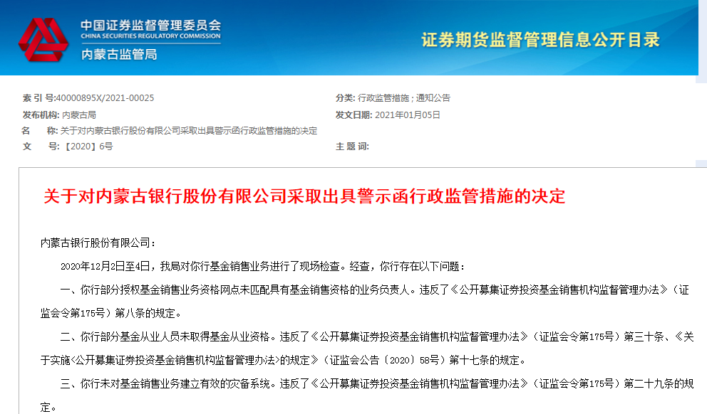 内蒙古银行开展基金业务涉多项违规，已有多家银行被责令整改