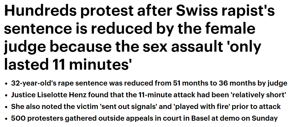 瑞士法官为强奸犯减刑，因为强奸时间只有11分钟，太短了