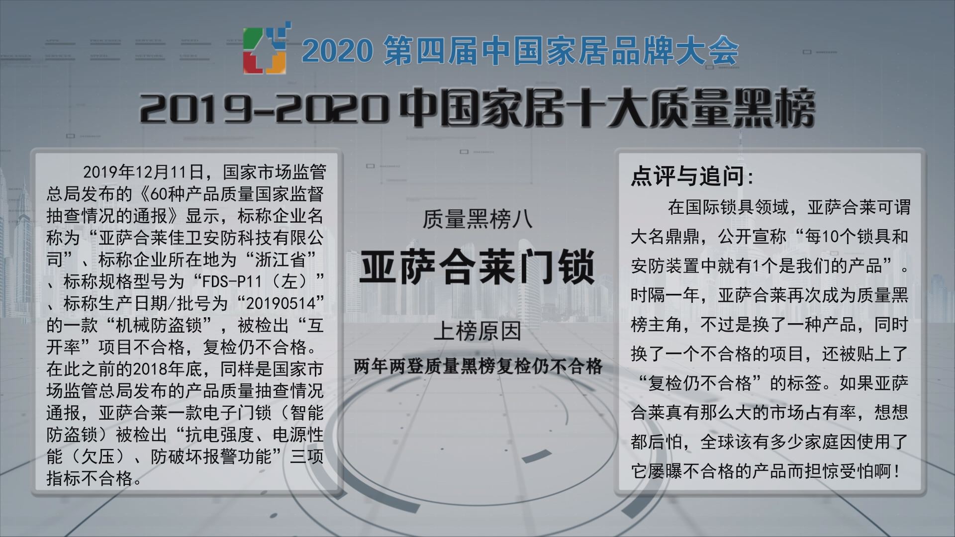 亚萨合莱门锁上榜“2019-2020中国家居十大质量黑榜”