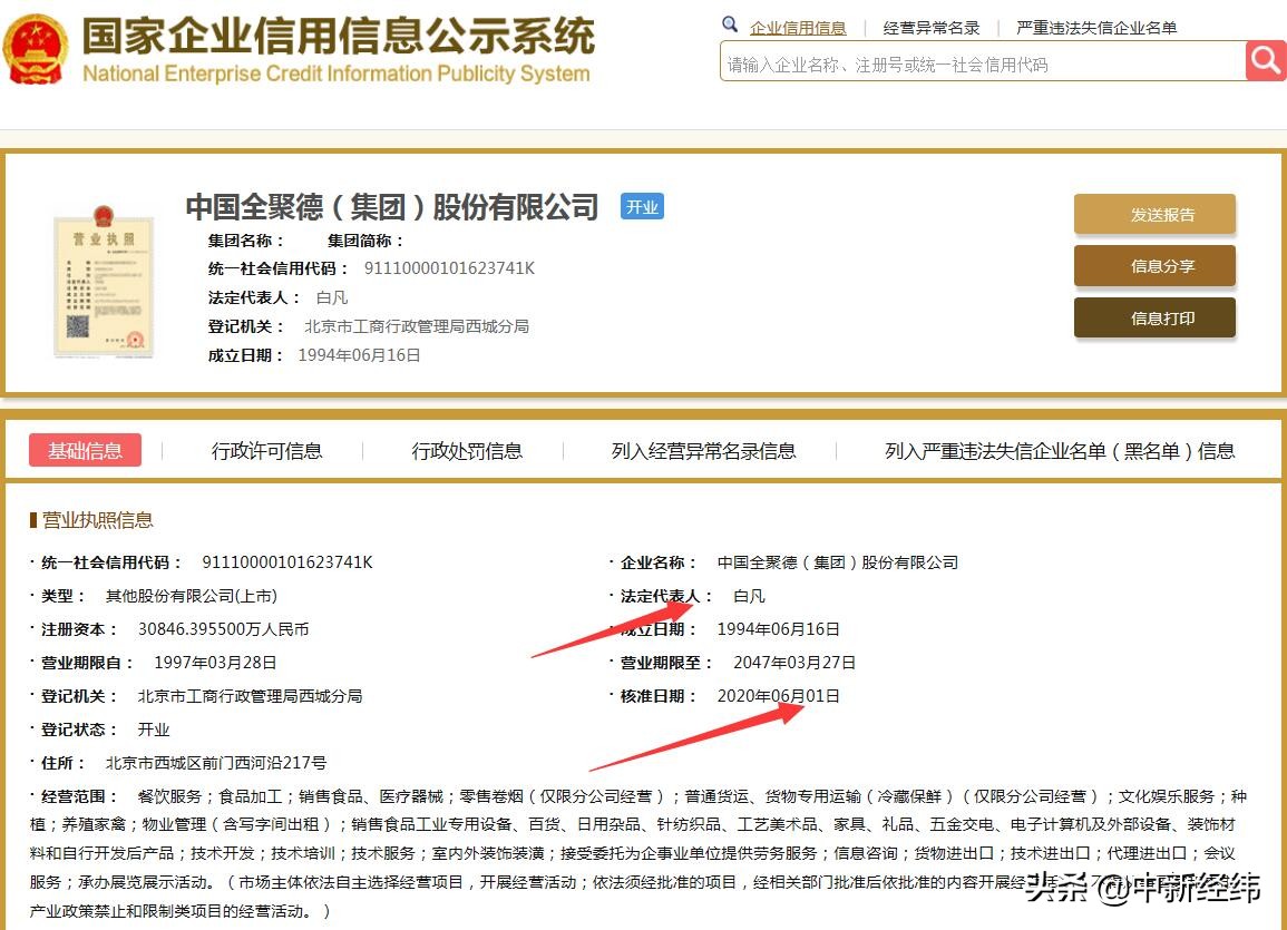 全聚德法定代表人、董事长由鲍民变更为白凡