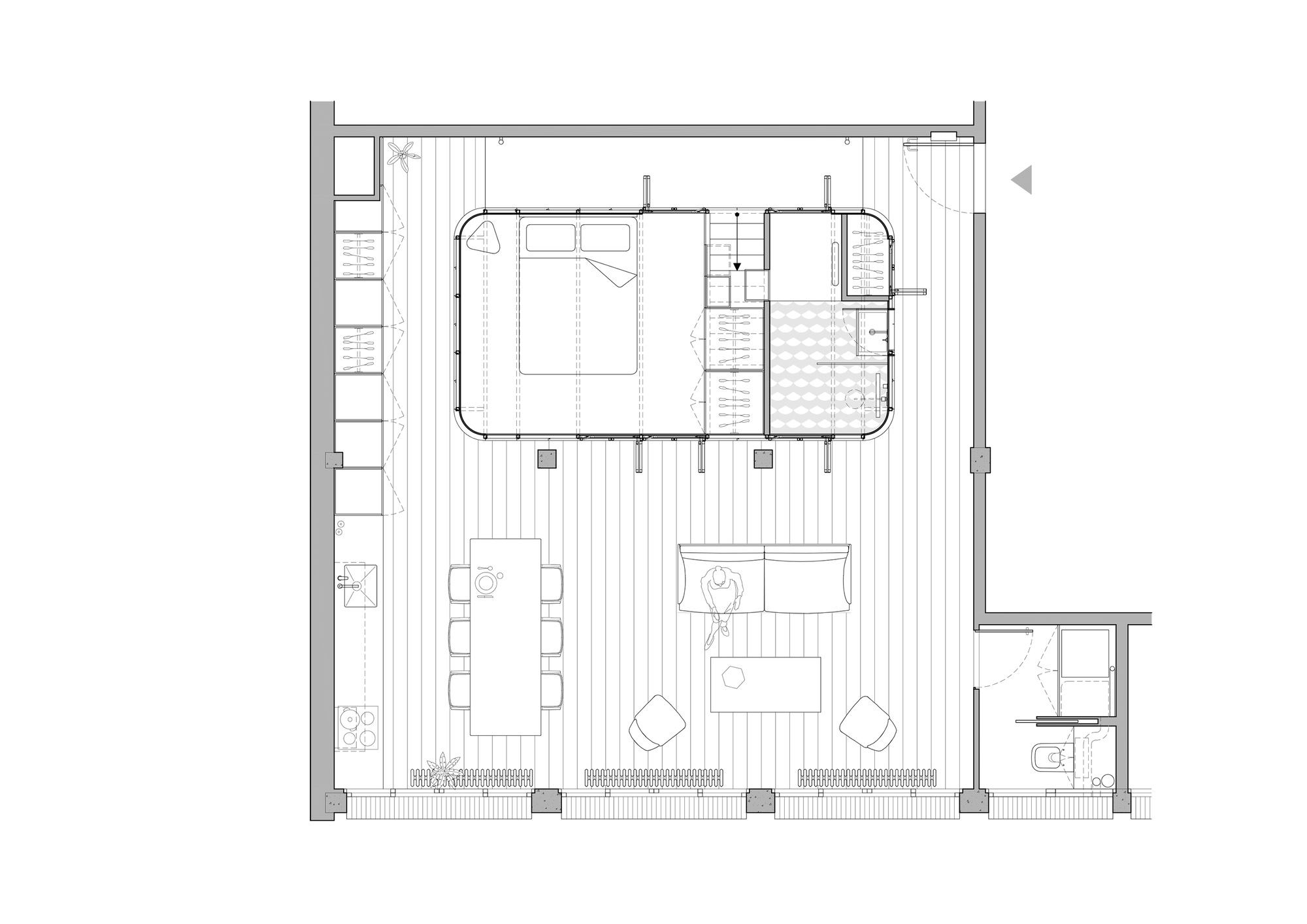 81m²巴黎公寓没有隔墙，一个中岛盒子藏起三室一卫