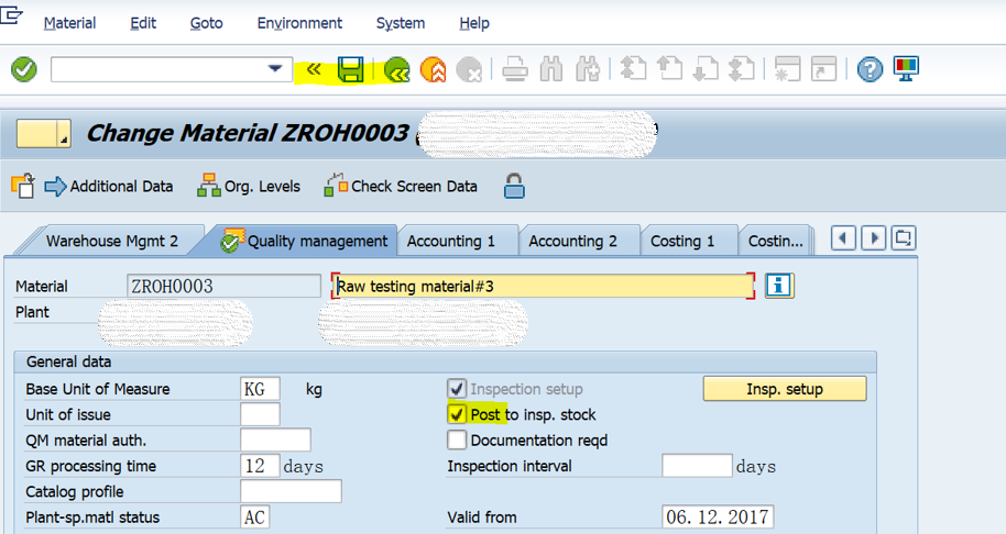 SAP QM 物料主資料QM檢視裡欄位MARC-INSMK的更新