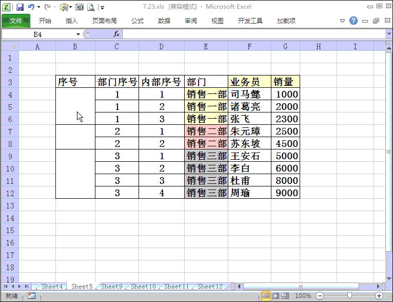 excel：相同部门，生成内部序号，统一序号，合并单元格序号