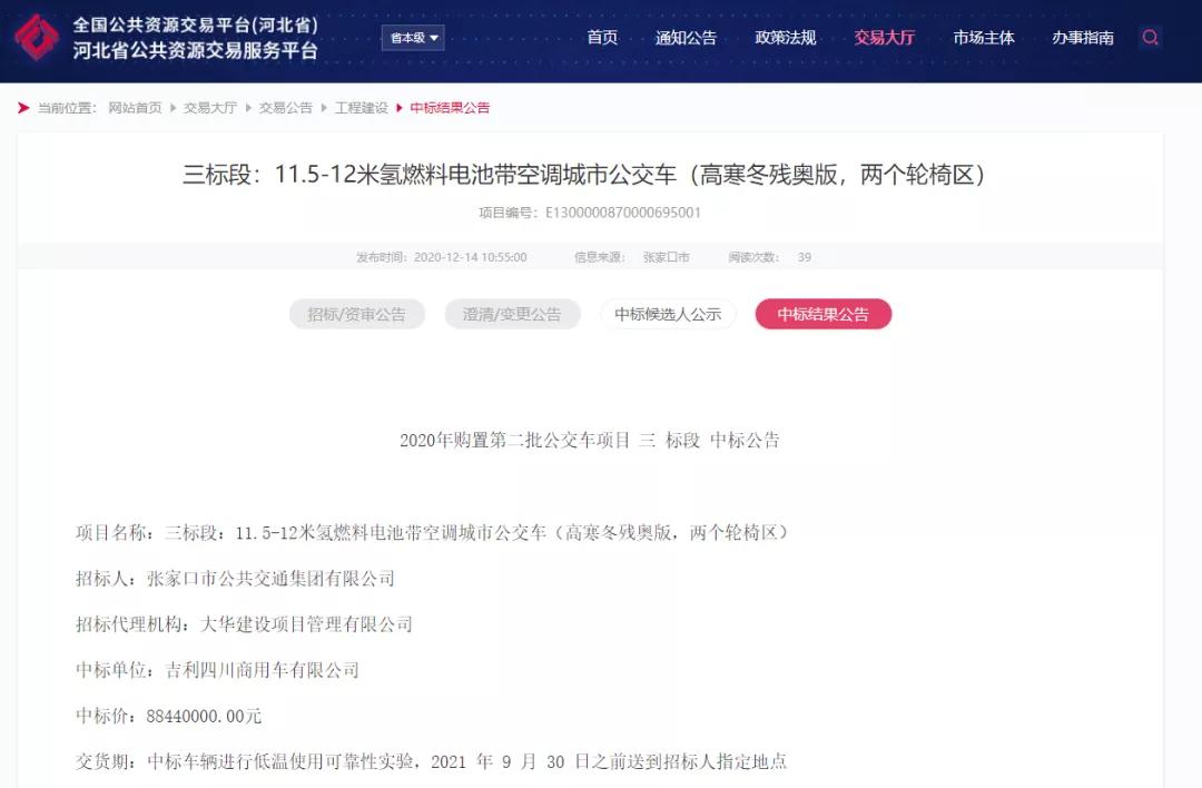 总价4.13亿元，宇通、中通、吉利和北汽中标张家口氢能公交车
