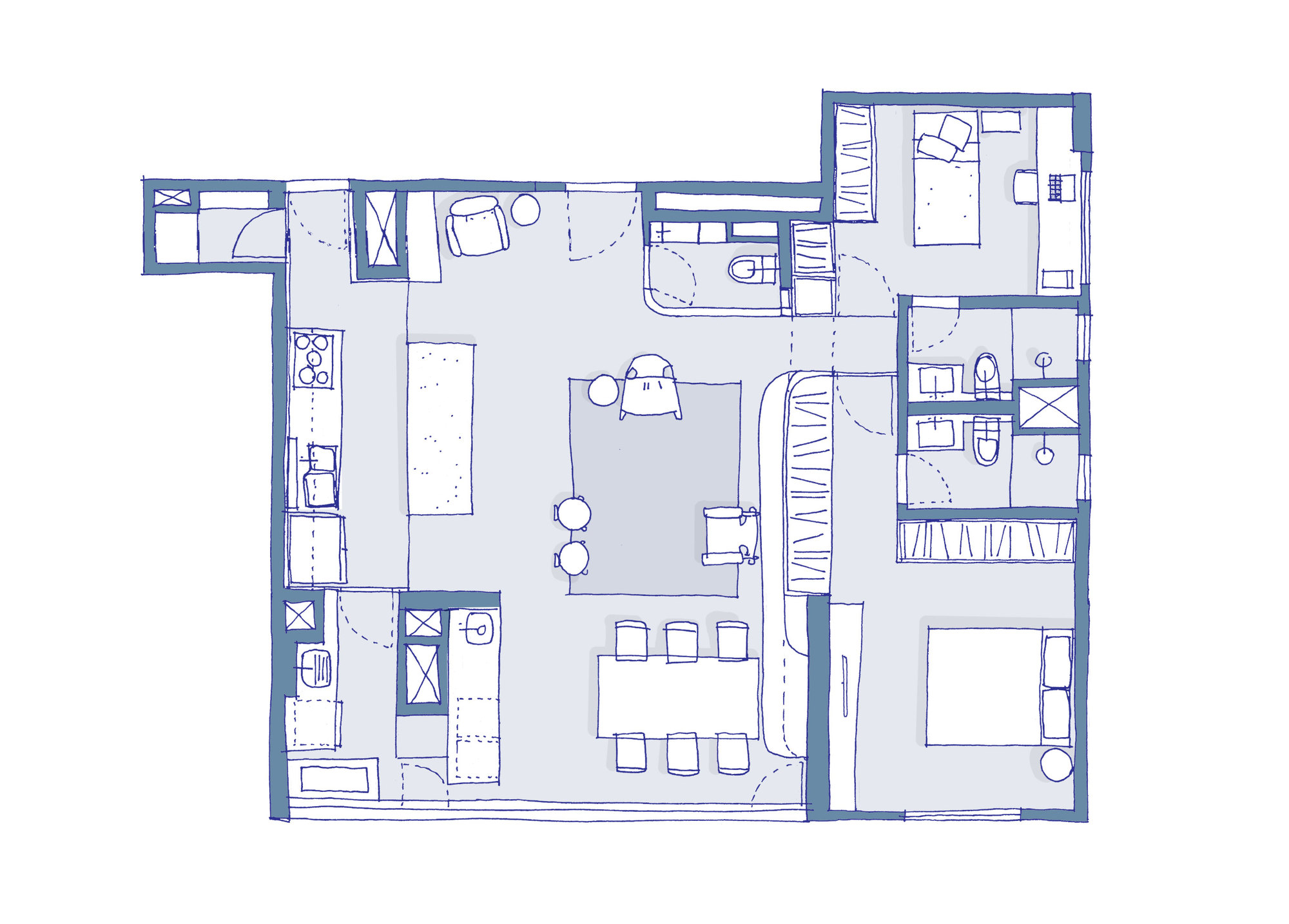 一道弧形木墙既是家具也是隔墙，令90m²公寓清爽舒适